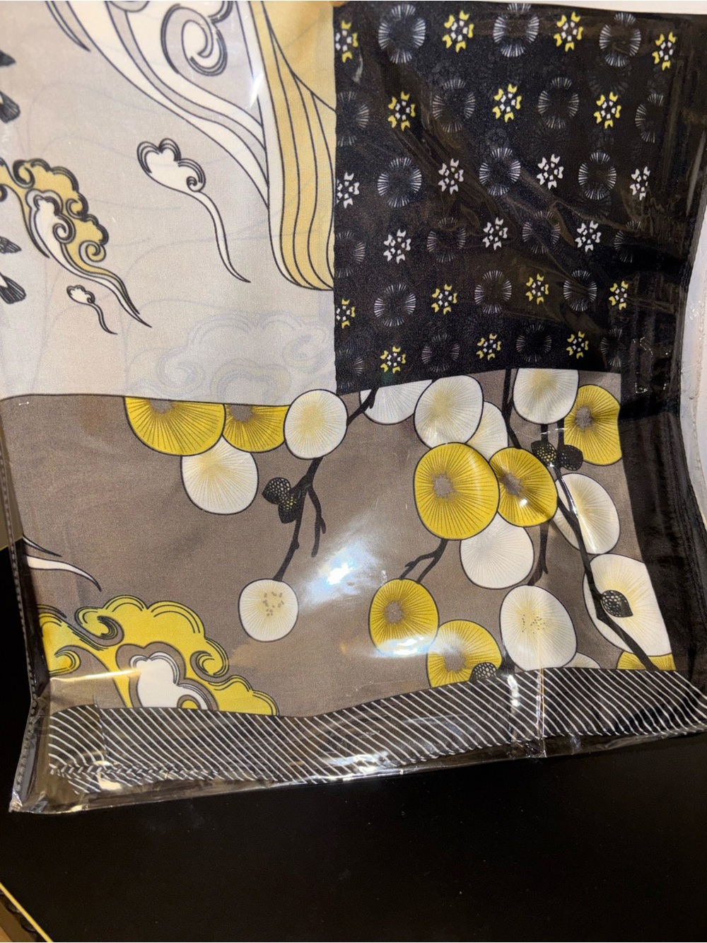 Floral Graphic Silk Scarf in Yellow, White, Black & Gray- New In Plastic
